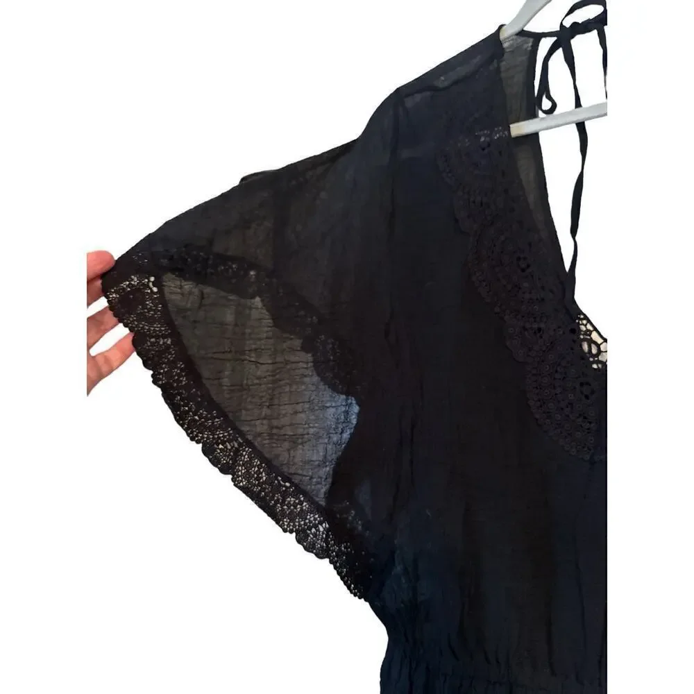 Eberjey Women's Sol Liberty Lace Trimmed Swim Cover-Up Romper Size S/M Black NWT